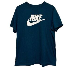 Men's The NIKE TEE Teal White Iconic Graphic Swoosh Pullover Shirt Size LRG EUC